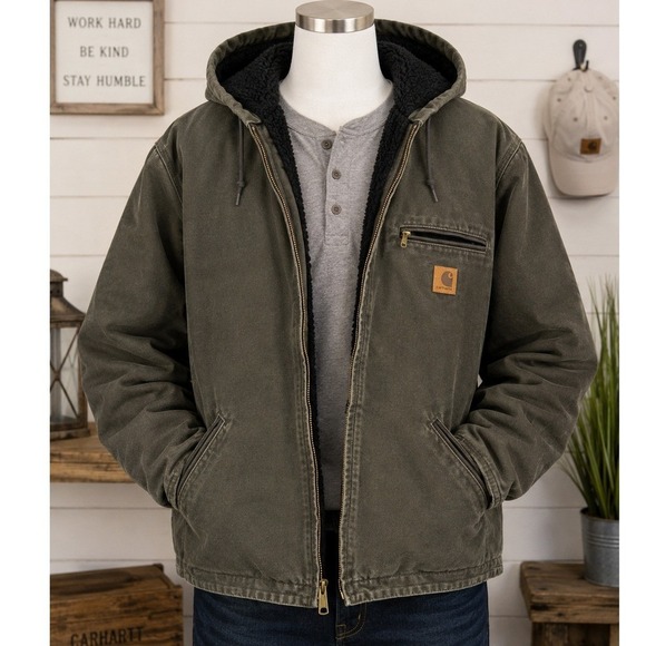 Carhartt Other - Carhartt Mens Hooded Jacket Moss Green Sherpa Lined Cotton Duck XL
